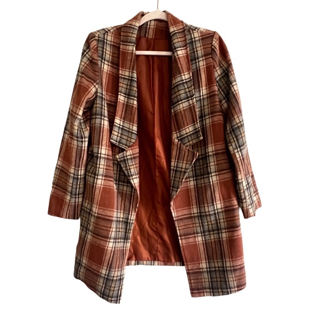 Women's Copper Orange Plaid Preppy Lapel Collar Long Blazer Jacket Size Small - Picture 2 of 8
